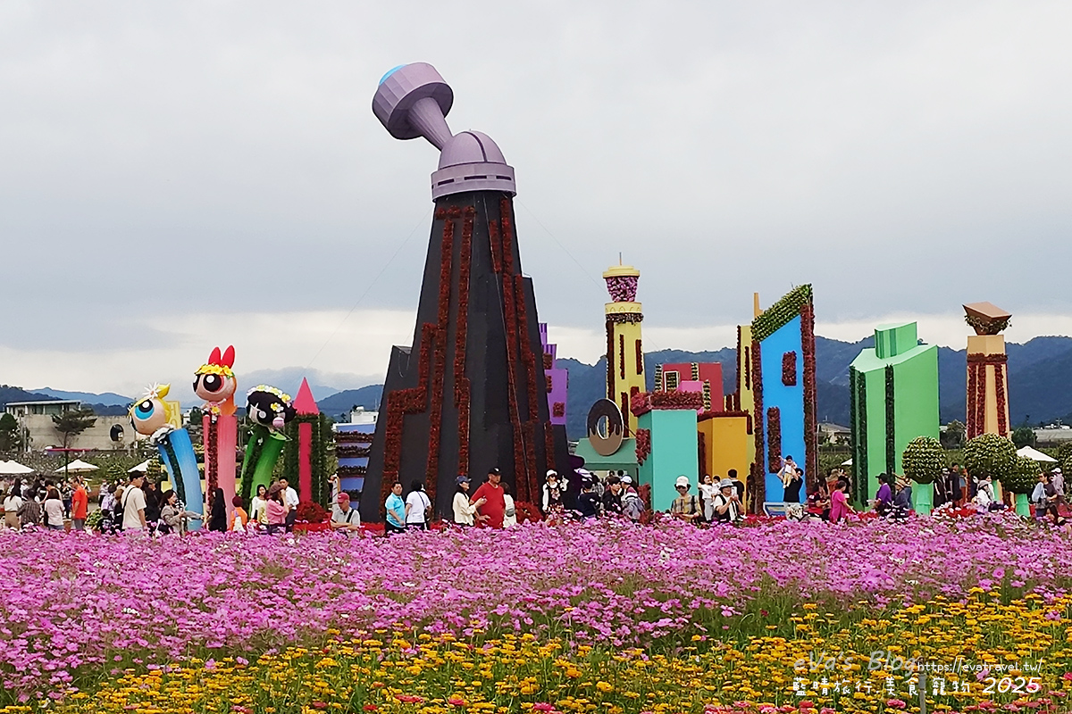 【台中景點】2025臺中國際花毯節|花城任務 × 飛天小女警(展期11/08–11/30,寵物友善)漸層花海打造繽紛色彩世界。台中親子旅遊 - 第30張圖 2025臺中國際花毯節主花毯區,以前景花海拍攝飛天小女警花城任務