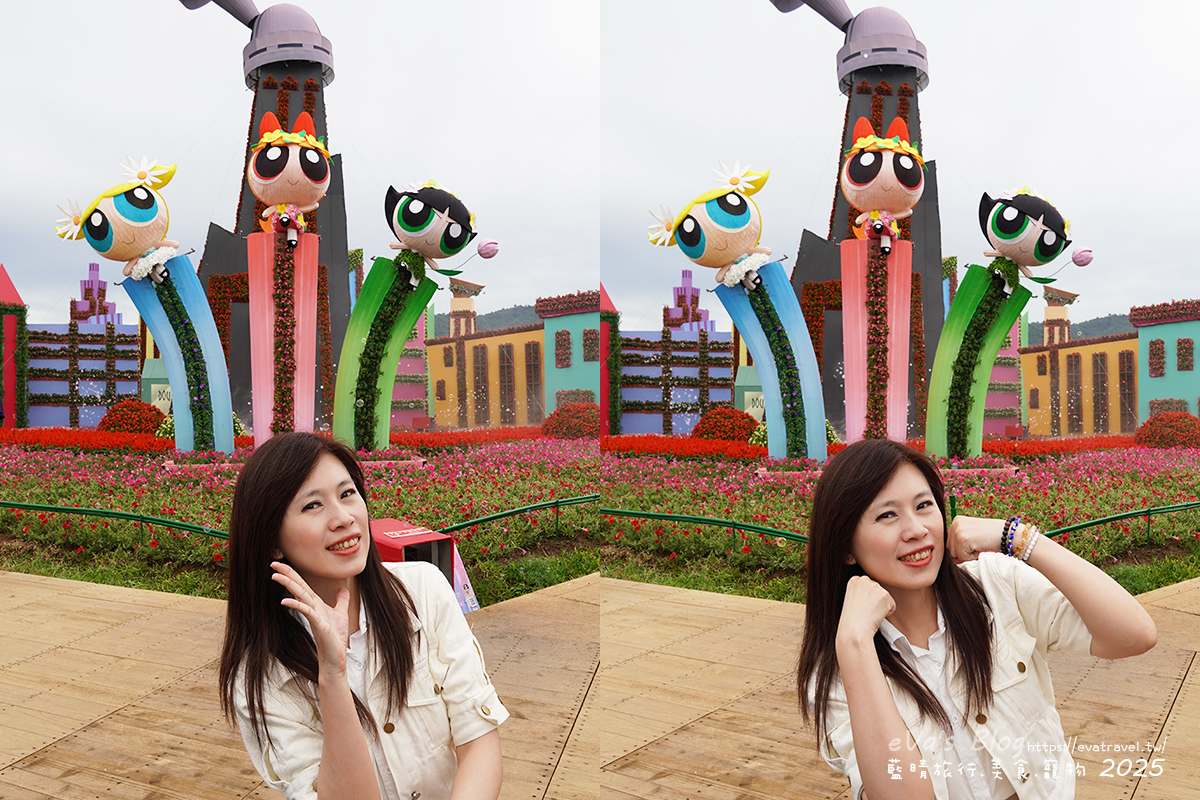 【台中景點】2025臺中國際花毯節|花城任務 × 飛天小女警(展期11/08–11/30,寵物友善)漸層花海打造繽紛色彩世界。台中親子旅遊 - 第40張圖 我坐在飛天小女警花城任務前拍照,後方有泡泡與水霧效果