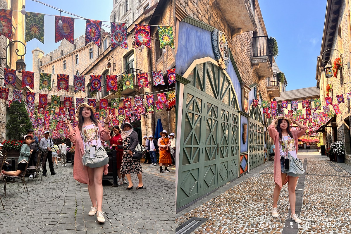 【越南旅遊】巴拿山 Ba Na Hills|法國村、黃金佛手橋、世界最長纜車,一座建在雲霧之上的空中樂園。越南景點 - 第110張圖 我在巴拿山法國村街道上色彩繽紛旗幟下拍照