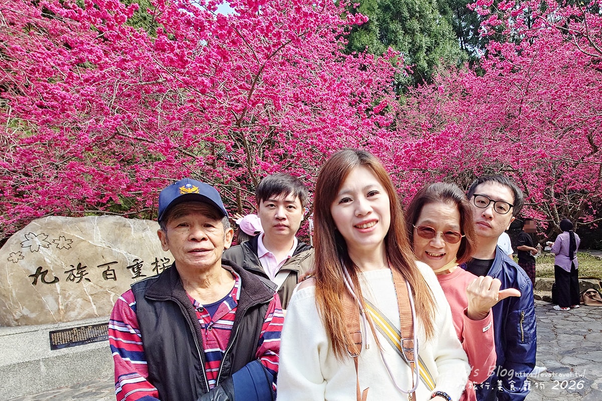 一家人在九族百重櫻石碑前合影，背景為腓紅色櫻花林，九族櫻花季拍照景點
