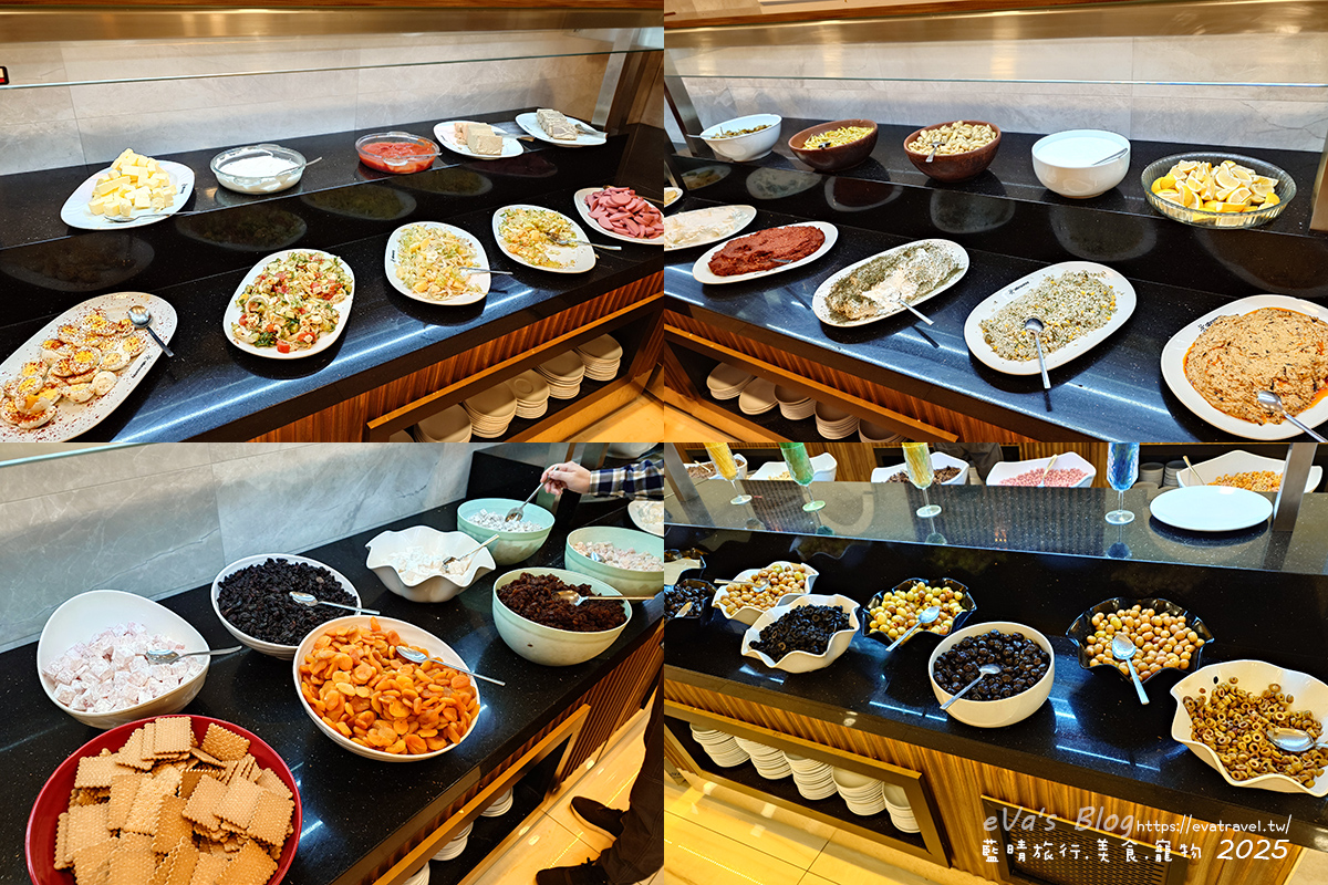 艾敏科卡克卡帕多西亞溫泉飯店第二天早餐土耳其冷盤抹醬、乾果與橄欖自助餐檯
