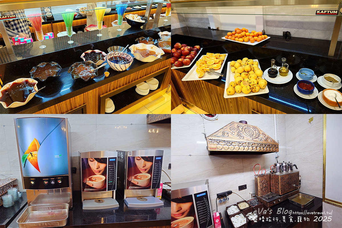 艾敏科卡克卡帕多西亞溫泉飯店第二天早餐土耳其果醬、蜂蜜與水果自助餐檯