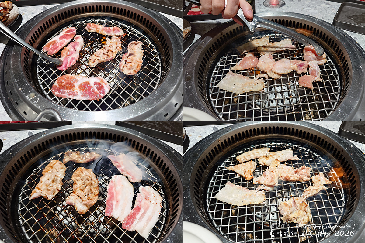 【台中燒肉推薦】森森燒肉中科店|森森燒肉中科店全新改裝,點叢林玫瑰餐送精品金叉,當月壽星還送超美「玫瑰肉肉花」,全家拍貼合照儀式感直接拉滿。台中燒烤 - 第85張圖 森森燒肉中科店烤網上的醬燒豚肩肉與壽星禮永森花肉品五花肉