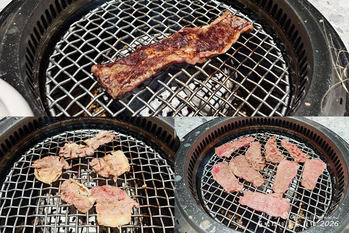 【台中燒肉推薦】森森燒肉中科店|森森燒肉中科店全新改裝,點叢林玫瑰餐送精品金叉,當月壽星還送超美「玫瑰肉肉花」,全家拍貼合照儀式感直接拉滿。台中燒烤 - 第87張圖 森森燒肉中科店烤網上的原木煙燻牛小排與鹽蔥牛腹肉